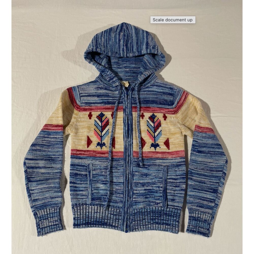 Vintage 70s Kids Hooded Zip Sweater S Blue Space Dye Nordic Ski Cardigan Knit